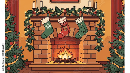 Cozy Christmas Fireplace with Hanging Stockings and Festive Decorations