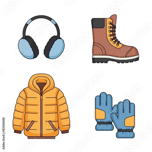 A colorful cartoon collection of winter clothing essentials: earmuffs, a boot, a puffer jacket, and gloves.