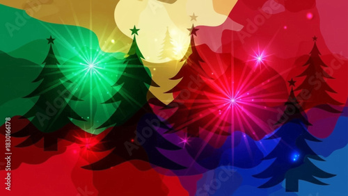 Festive Christmas Trees with Star Toppers and Colorful Backgrounds.