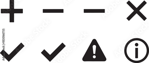 Simple solid black interface action icons on white background featuring plus, minus, close, checkmark, warning triangle, info circle, crisp minimal silhouette shapes