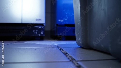 Water Leakage from Refrigerators with Bucket Catching Drips on Tiled Floor