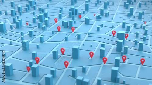 Urban Digital Map Location Pins 3D animation tracking data points for logistics delivery services, smart city planning, and commercial real estate market analysis