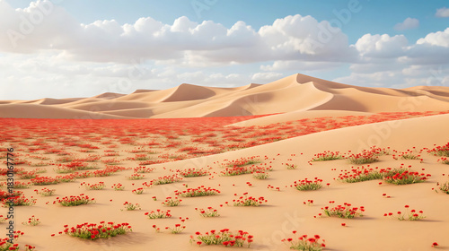 Fototapeta Naklejka Na Ścianę i Meble -  Desert dunes with scattered red flowers under a cloudy sky