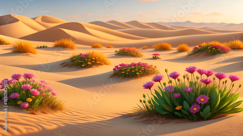 Fototapeta Naklejka Na Ścianę i Meble -  Desert dunes with vibrant pink and orange flowers sand dunes