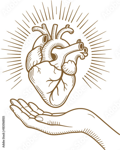 Hand holding a heart with radiating lines