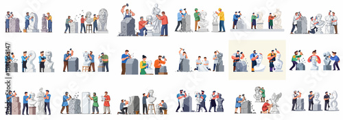 Set of vector illustrations depicting professional sculptors working on stone and marble masterpieces, including classical busts and large statues.