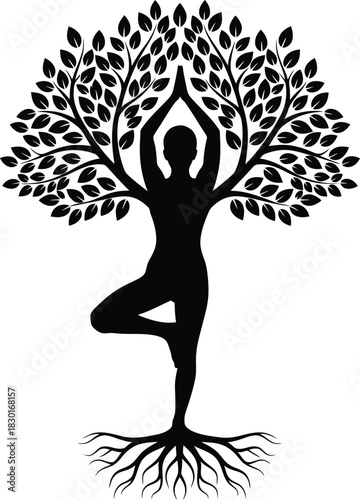 Yoga tree pose silhouette with roots and branches