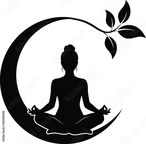 Woman meditating on crescent moon with leaves silhouette