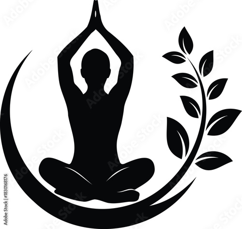 Yoga silhouette with crescent moon and plant illustration