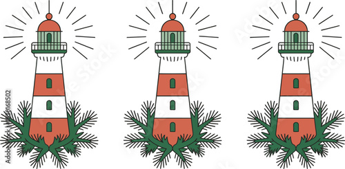 Three stylized lighthouses with radiating light and green foliage