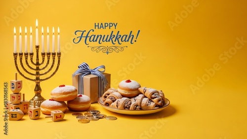 Happy Hanukkah Festive Scene With Menorah, Sufganiyot, Dreidels & Gifts Celebration Image