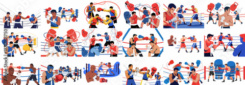 Vector collection of professional male boxers fighting, sparring, and preparing in the ring, illustrating action, sport, fitness, and training.