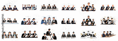 A comprehensive collection of diverse judge and court jury illustrations, depicting legal proceedings, justice, law enforcement, and professional verdict decisions.