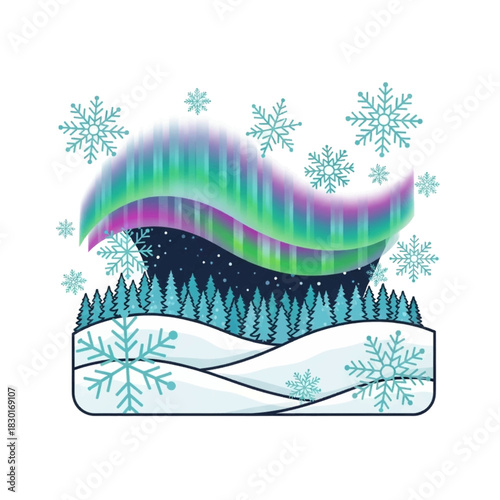 Vibrant aurora borealis over a snowy winter forest with falling snowflakes illustration.