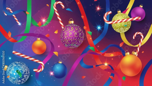 A vibrant and festive Christmas illustration with colorful ornaments, candy canes, and swirling ribbons.