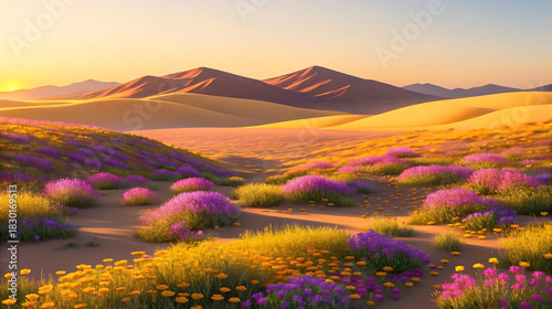 Fototapeta Naklejka Na Ścianę i Meble -  Desert landscape with rolling dunes and colorful wildflowers at dawn