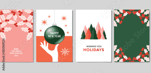 A stylish set of modern holiday greeting card templates featuring minimalist graphic illustrations for Christmas and New Year celebrations