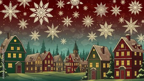 Festive holiday illustration of a snowy town with glowing windows and ornate snowflakes.
