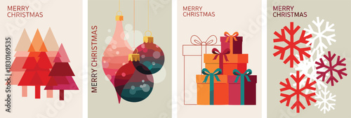 Festive Christmas Card Collection Elegant Designs Featuring Ornaments, Gifts, and Snowflakes