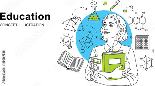 Conceptual illustration of a young woman holding books, surrounded by scientific diagrams and educational symbols, representing the concept of learning and knowledge acquisition in education