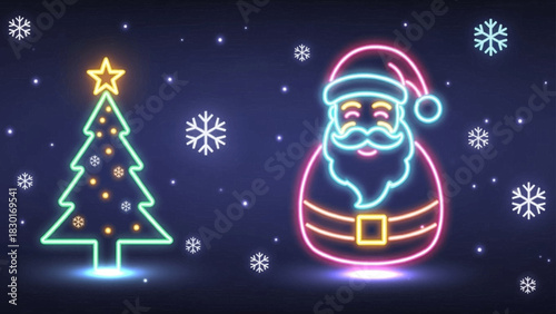 Festive Neon Christmas Tree and Santa Claus Design