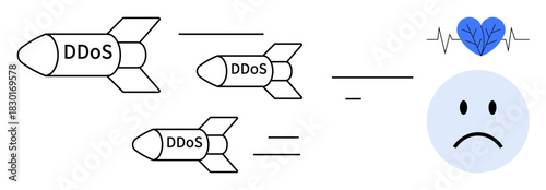 DDoS attack concept. DDoS missiles targeting system ed by sad face, cyber threats. DDoS disrupting online services and causing emotional impact. For security, data protection, crisis management, IT