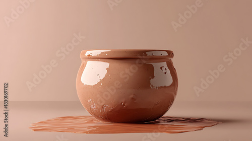 Overflowing glossy ceramic pot in a minimalist, monochromatic setting, representing abundance and natural cosmetic or food products