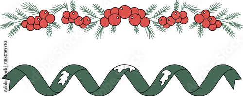 Festive Christmas Garland with Holly Berries and Snow-Dusted Ribbon