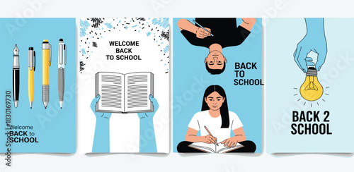 Back to school educational concept with school supplies, open book, student studying and lightbulb symbolizing knowledge and learning