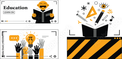 A set of creative vector illustrations for modern online education, depicting e-learning videos, virtual classroom engagement, and the expansion of knowledge