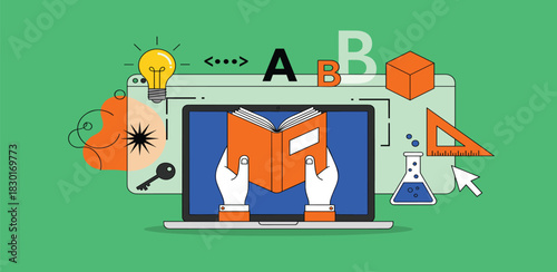 Conceptual illustration of digital education and e-learning, showcasing a laptop with a book and various subject icons like science and math