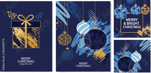 Merry Christmas and Happy New Year greeting cards with festive ornaments and gift box elements on dark blue background