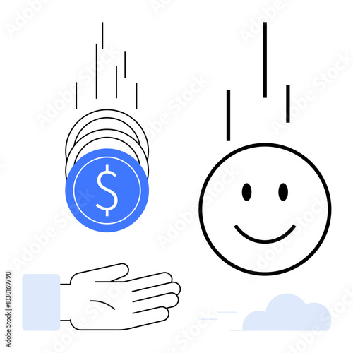 Financial transactions. Visual financial transactions with currency coins, hand gesture, and happy face. Financial transactions for banking, e-commerce, fintech, customer rewards, and cryptocurrency