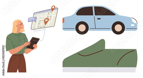 Woman holding tablet with GPS map, waypoints, and location pins. Blue car and green shoe emphasizing mobility, trips, and navigation. Ideal for travel, transport, technology adventure journey