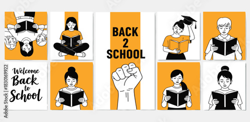A collection of modern illustrations featuring diverse students reading books and studying for a new academic year