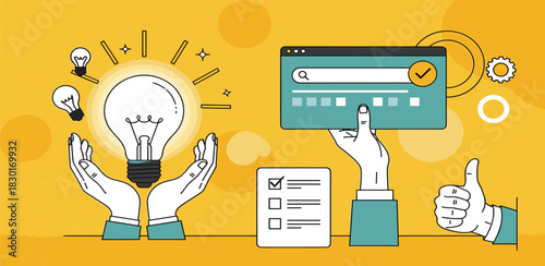 Visualizing the process of developing innovative ideas, strategizing solutions, and achieving successful outcomes through digital platforms