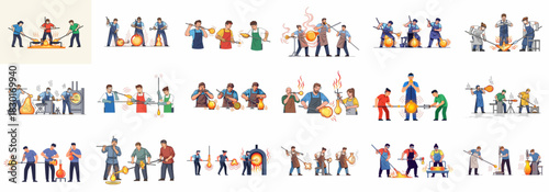 A comprehensive collection of flat illustrations depicting the glassblowing process, showing artisans shaping hot molten glass into various objects using traditional tools and techniques.