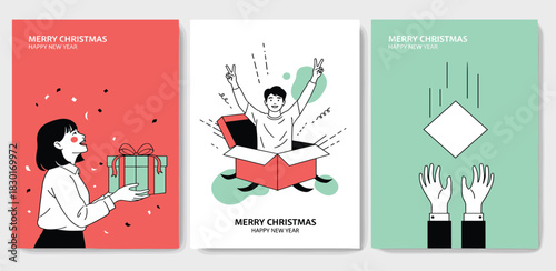 Christmas Celebration A Series of Festive Illustrations Featuring Gift-Giving and Unboxing Moments