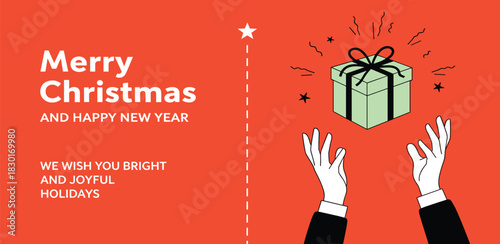 Merry Christmas and Happy New Year greeting card with a gift box being caught by hands
