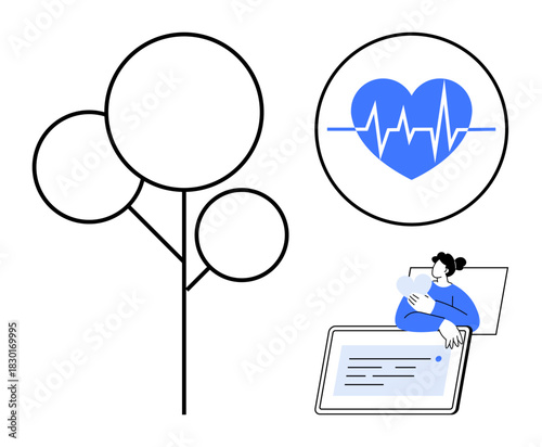 Healthcare technology. Healthcare technology a heartbeat icon, a person engaging in virtual consultation, and digital tools for wellness. Ideal for telemedicine, health apps, fitness tech