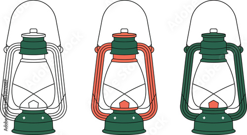 Three stylized kerosene lanterns in different color variations