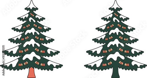 Two cartoon Christmas trees with snow and ornaments on a white background
