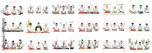Japanese Sushi Chef Vector Set: Preparing, Rolling, and Serving Traditional Sashimi and Maki Rolls Collection.