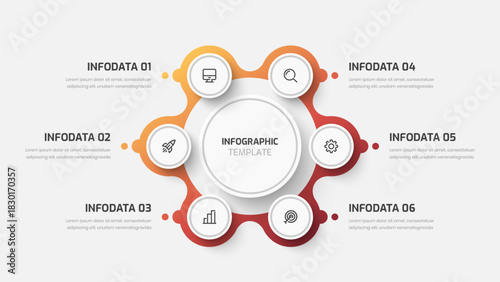 Business Infographic with Gradient Color, Circle Label, Line, Six Options and Icons for Presentations, Flow Chart