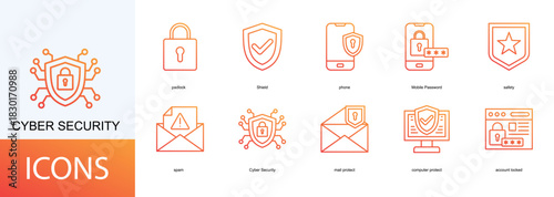 Cyber Security icon collection set. Containing padlock, Shield, phone, Mobile Password, safety icon.