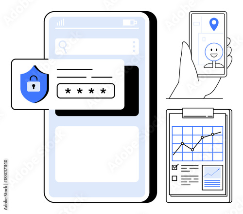 Smartphone displaying password protection and biometric security, user verifying identity, and analytical business dashboard. Ideal for security, data analysis, technology, identity, privacy