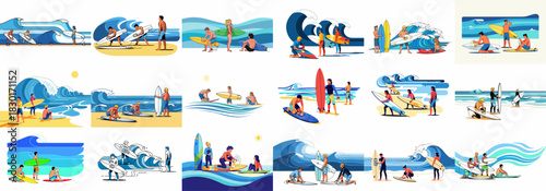 Surfing lifestyle collection illustrating diverse people waxing boards on the beach, preparing for riding the large ocean waves.