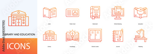 library and education icon collection set. Containing book, Visitor Card, Bookmark, Online Booking, education icon.