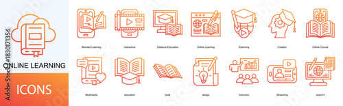 Online Learning icon collection set. Containing Elearning, Creation, Online Course, Multimedia, education icon.