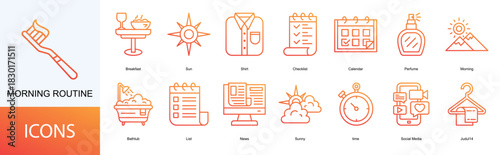 Morning Routine icon collection set. Containing Breakfast, Sun, Shirt, Checklist, Calendar icon.